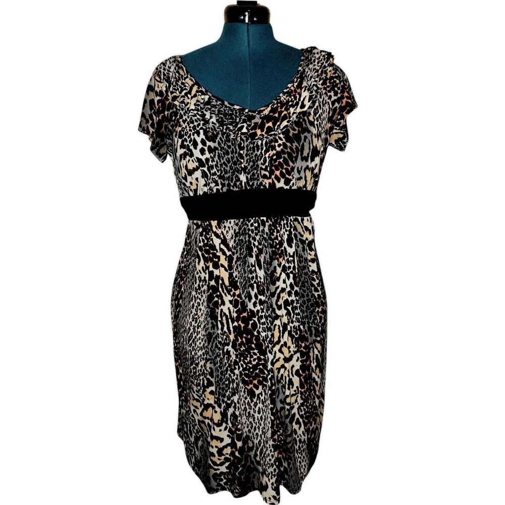 Helene Blake Womens L Leopard Print Short Sleeve Ruffle Neck Tie A Line …